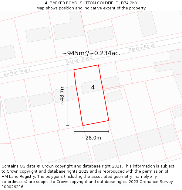 4, BARKER ROAD, SUTTON COLDFIELD, B74 2NY: Plot and title map