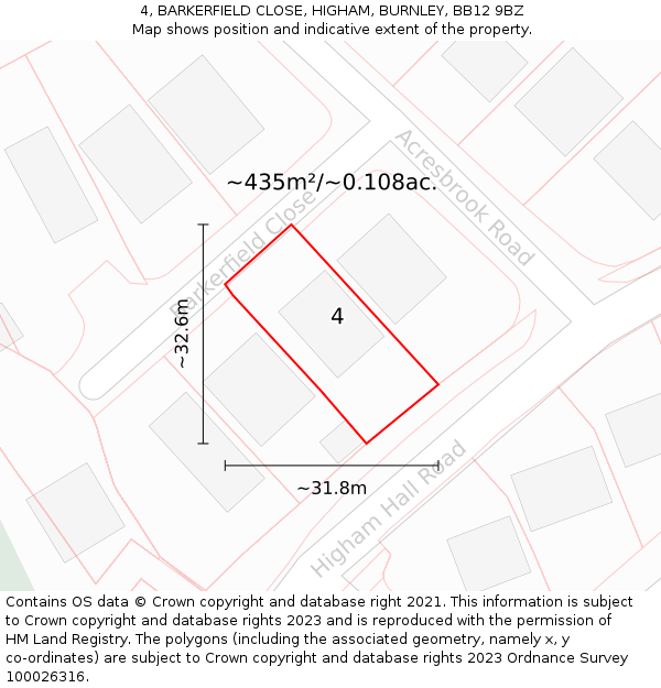4, BARKERFIELD CLOSE, HIGHAM, BURNLEY, BB12 9BZ: Plot and title map