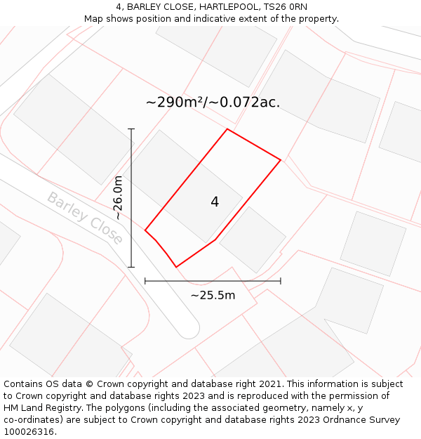 4, BARLEY CLOSE, HARTLEPOOL, TS26 0RN: Plot and title map