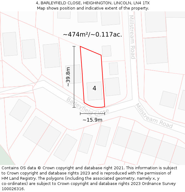 4, BARLEYFIELD CLOSE, HEIGHINGTON, LINCOLN, LN4 1TX: Plot and title map