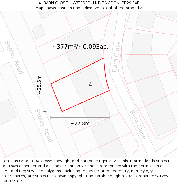4, BARN CLOSE, HARTFORD, HUNTINGDON, PE29 1XF: Plot and title map