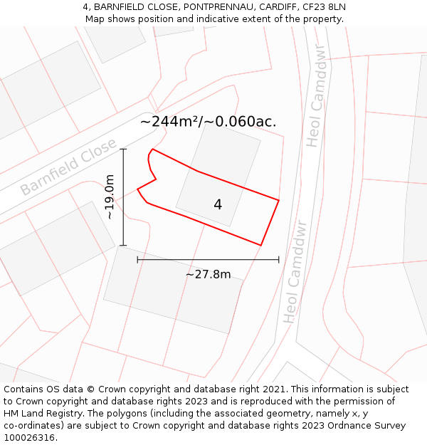4, BARNFIELD CLOSE, PONTPRENNAU, CARDIFF, CF23 8LN: Plot and title map