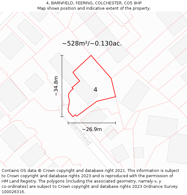 4, BARNFIELD, FEERING, COLCHESTER, CO5 9HP: Plot and title map