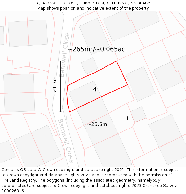4, BARNWELL CLOSE, THRAPSTON, KETTERING, NN14 4UY: Plot and title map