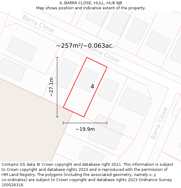 4, BARRA CLOSE, HULL, HU8 9JB: Plot and title map
