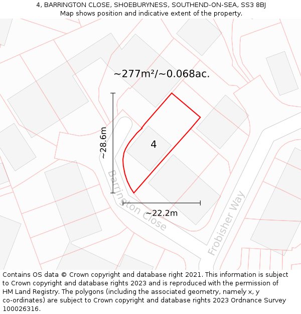 4, BARRINGTON CLOSE, SHOEBURYNESS, SOUTHEND-ON-SEA, SS3 8BJ: Plot and title map