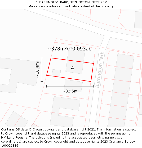 4, BARRINGTON PARK, BEDLINGTON, NE22 7BZ: Plot and title map
