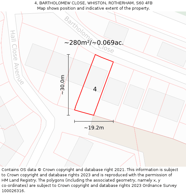 4, BARTHOLOMEW CLOSE, WHISTON, ROTHERHAM, S60 4FB: Plot and title map