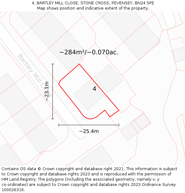 4, BARTLEY MILL CLOSE, STONE CROSS, PEVENSEY, BN24 5PE: Plot and title map