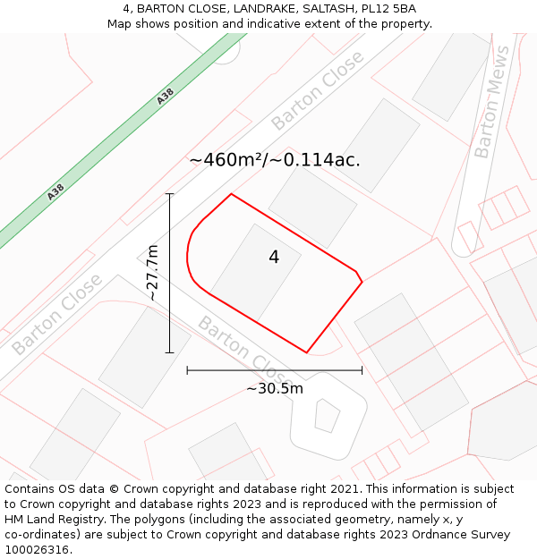 4, BARTON CLOSE, LANDRAKE, SALTASH, PL12 5BA: Plot and title map