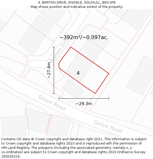 4, BARTON DRIVE, KNOWLE, SOLIHULL, B93 0PE: Plot and title map