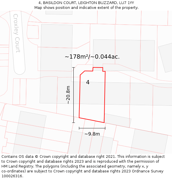 4, BASILDON COURT, LEIGHTON BUZZARD, LU7 1YY: Plot and title map