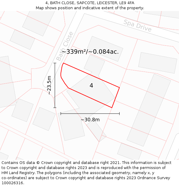4, BATH CLOSE, SAPCOTE, LEICESTER, LE9 4FA: Plot and title map