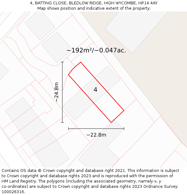4, BATTING CLOSE, BLEDLOW RIDGE, HIGH WYCOMBE, HP14 4AY: Plot and title map