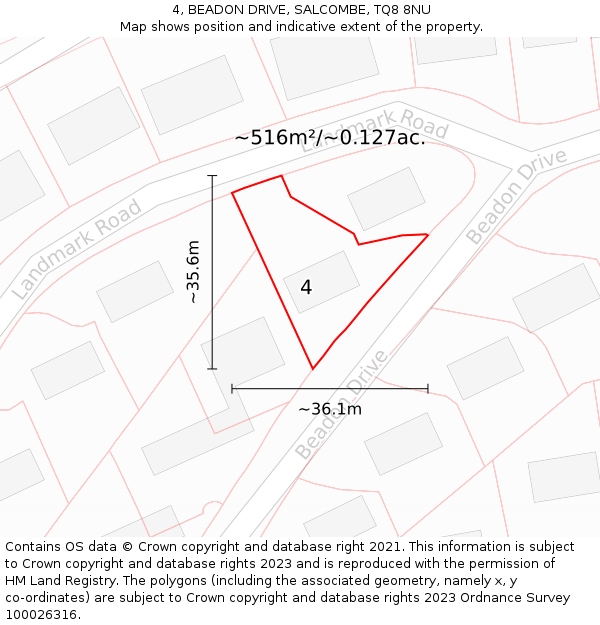 4, BEADON DRIVE, SALCOMBE, TQ8 8NU: Plot and title map