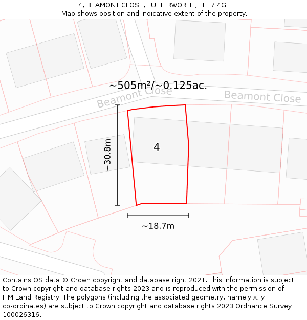 4, BEAMONT CLOSE, LUTTERWORTH, LE17 4GE: Plot and title map