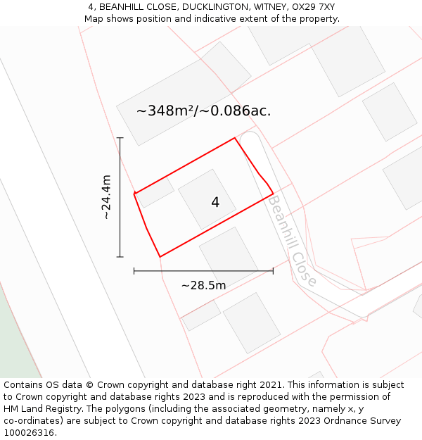 4, BEANHILL CLOSE, DUCKLINGTON, WITNEY, OX29 7XY: Plot and title map