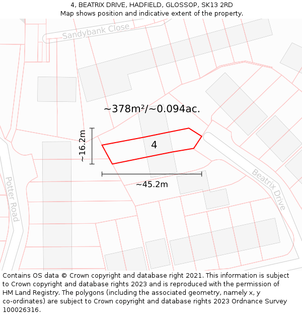 4, BEATRIX DRIVE, HADFIELD, GLOSSOP, SK13 2RD: Plot and title map