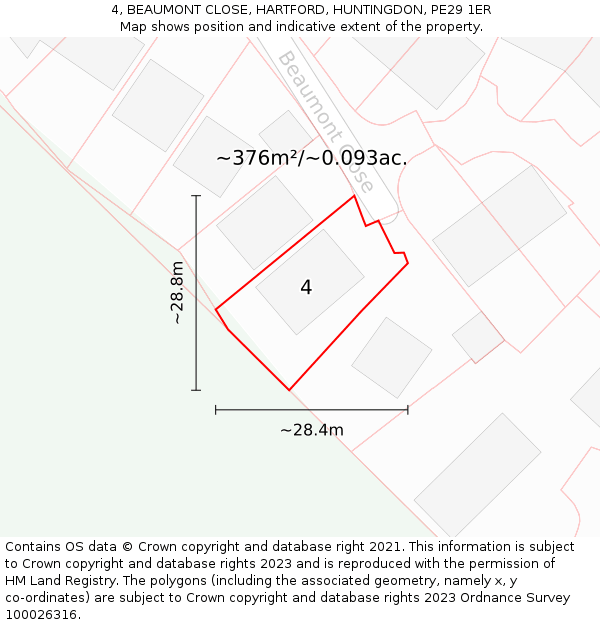 4, BEAUMONT CLOSE, HARTFORD, HUNTINGDON, PE29 1ER: Plot and title map