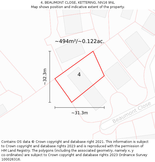 4, BEAUMONT CLOSE, KETTERING, NN16 9NL: Plot and title map