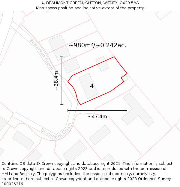 4, BEAUMONT GREEN, SUTTON, WITNEY, OX29 5AA: Plot and title map