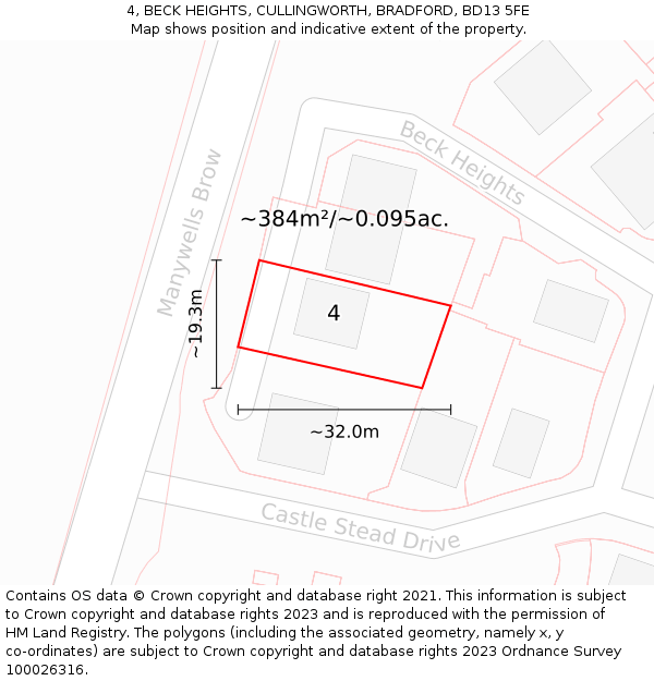 4, BECK HEIGHTS, CULLINGWORTH, BRADFORD, BD13 5FE: Plot and title map