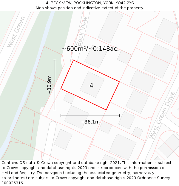4, BECK VIEW, POCKLINGTON, YORK, YO42 2YS: Plot and title map