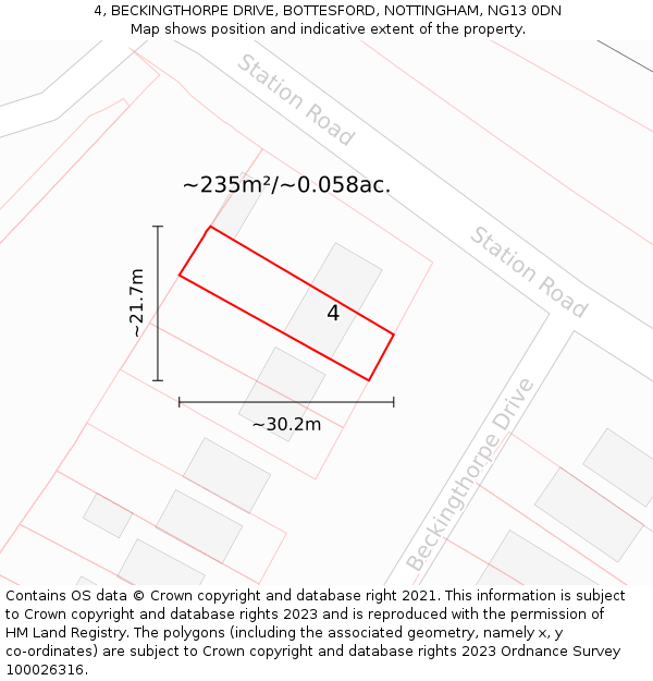 4, BECKINGTHORPE DRIVE, BOTTESFORD, NOTTINGHAM, NG13 0DN: Plot and title map