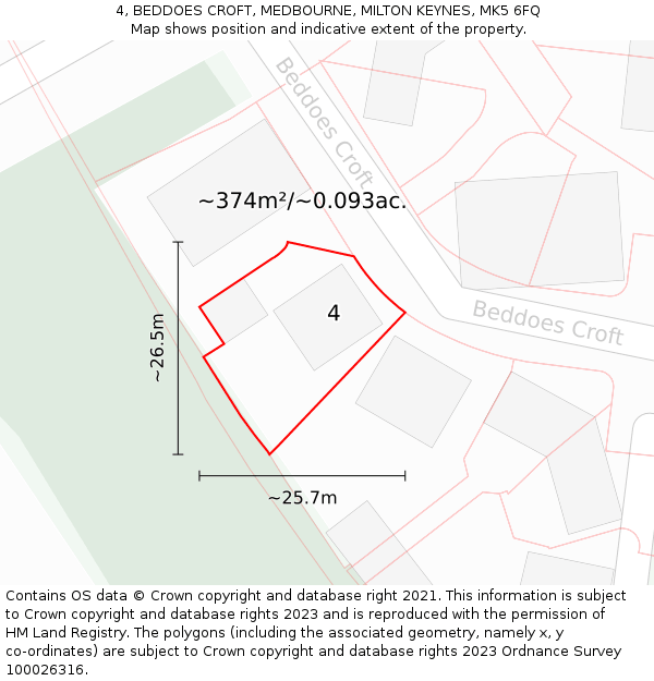 4, BEDDOES CROFT, MEDBOURNE, MILTON KEYNES, MK5 6FQ: Plot and title map