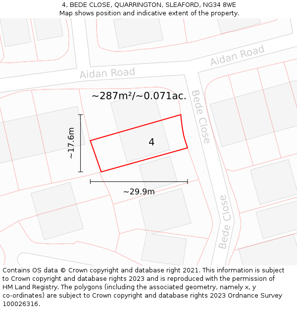 4, BEDE CLOSE, QUARRINGTON, SLEAFORD, NG34 8WE: Plot and title map