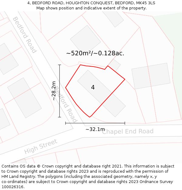 4, BEDFORD ROAD, HOUGHTON CONQUEST, BEDFORD, MK45 3LS: Plot and title map