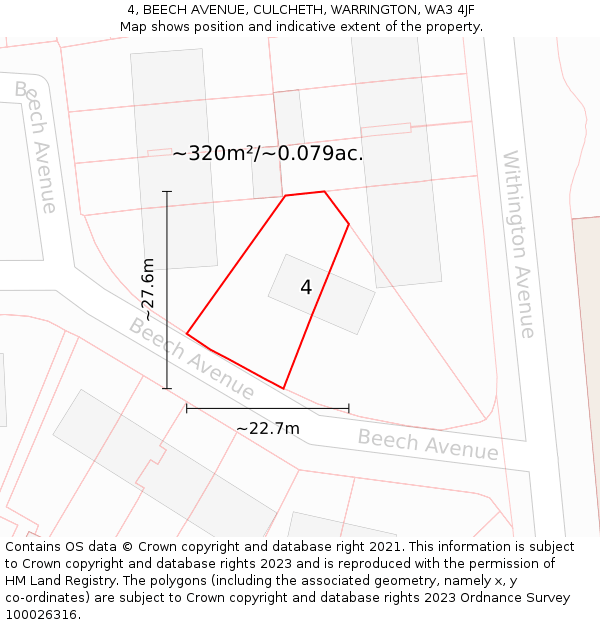 4, BEECH AVENUE, CULCHETH, WARRINGTON, WA3 4JF: Plot and title map
