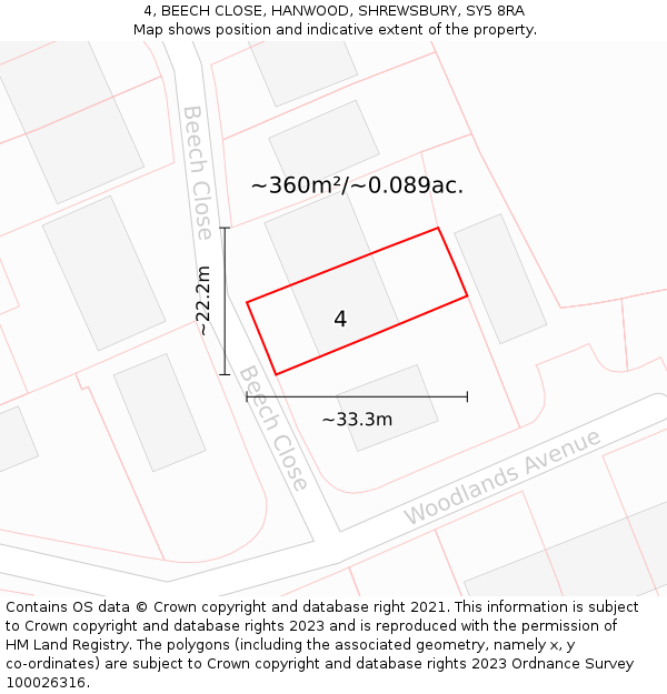4, BEECH CLOSE, HANWOOD, SHREWSBURY, SY5 8RA: Plot and title map