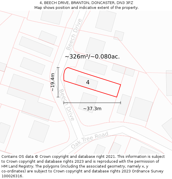 4, BEECH DRIVE, BRANTON, DONCASTER, DN3 3PZ: Plot and title map
