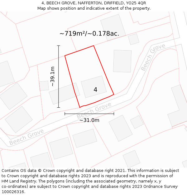 4, BEECH GROVE, NAFFERTON, DRIFFIELD, YO25 4QR: Plot and title map
