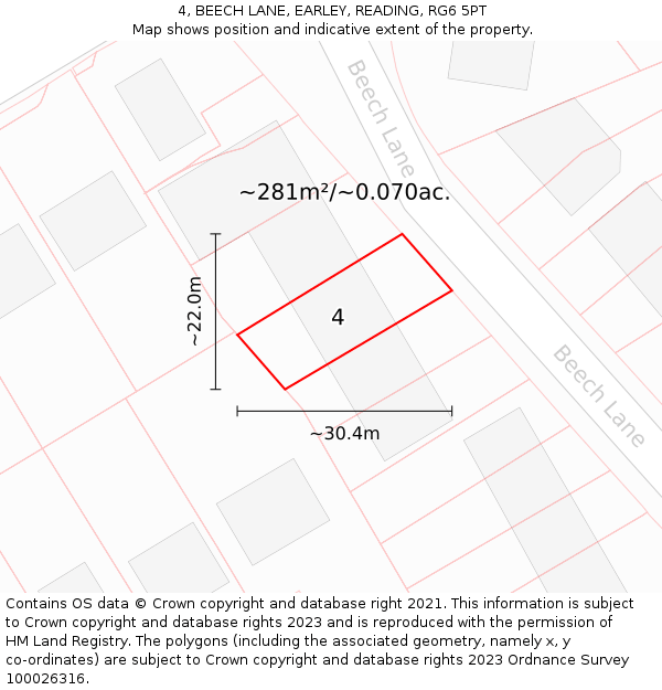 4, BEECH LANE, EARLEY, READING, RG6 5PT: Plot and title map