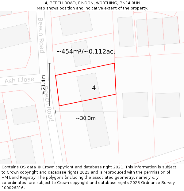 4, BEECH ROAD, FINDON, WORTHING, BN14 0UN: Plot and title map