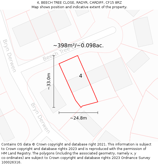 4, BEECH TREE CLOSE, RADYR, CARDIFF, CF15 8RZ: Plot and title map