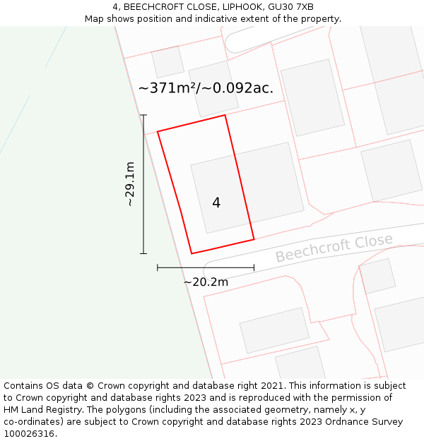 4, BEECHCROFT CLOSE, LIPHOOK, GU30 7XB: Plot and title map
