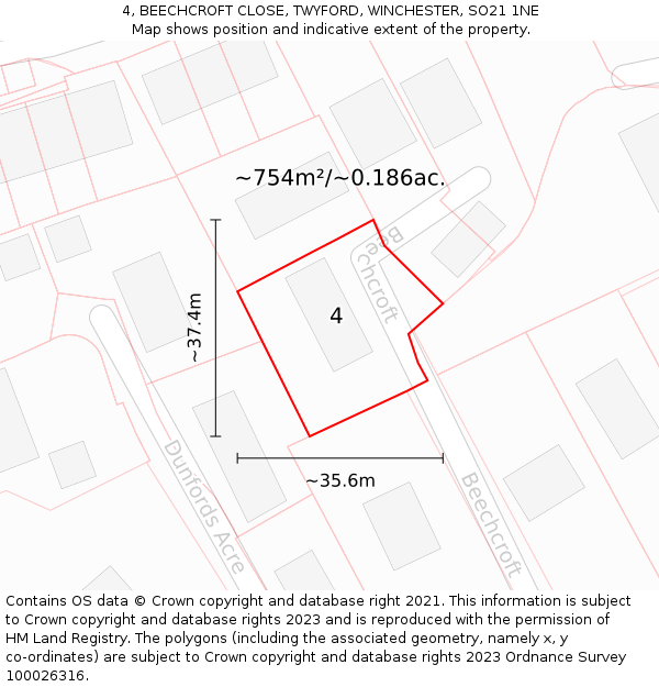 4, BEECHCROFT CLOSE, TWYFORD, WINCHESTER, SO21 1NE: Plot and title map