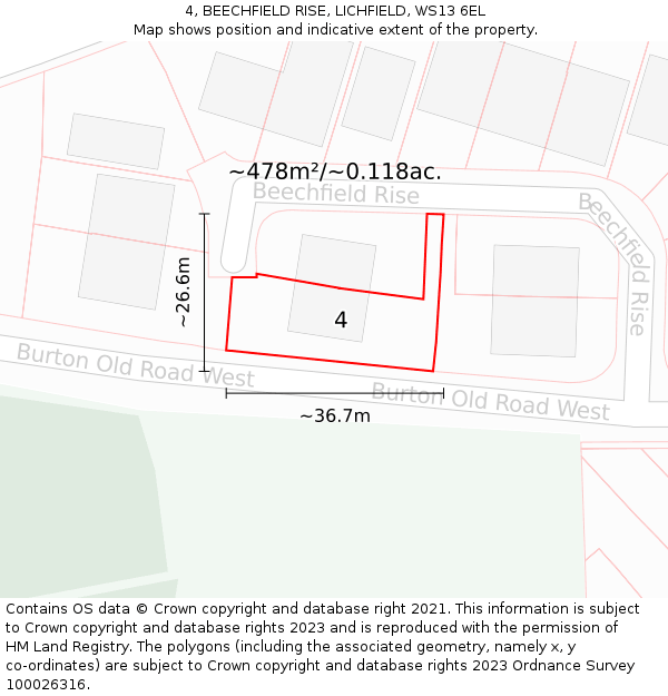 4, BEECHFIELD RISE, LICHFIELD, WS13 6EL: Plot and title map