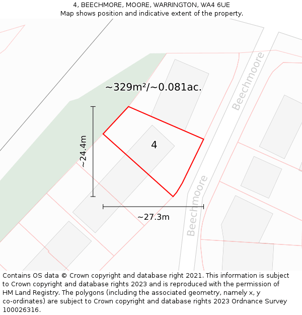 4, BEECHMORE, MOORE, WARRINGTON, WA4 6UE: Plot and title map