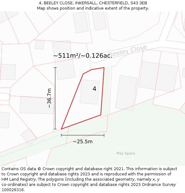 4, BEELEY CLOSE, INKERSALL, CHESTERFIELD, S43 3EB: Plot and title map