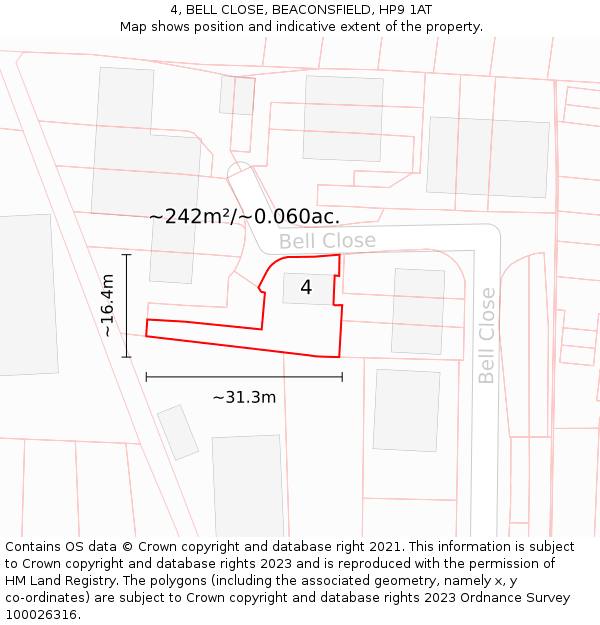 4, BELL CLOSE, BEACONSFIELD, HP9 1AT: Plot and title map