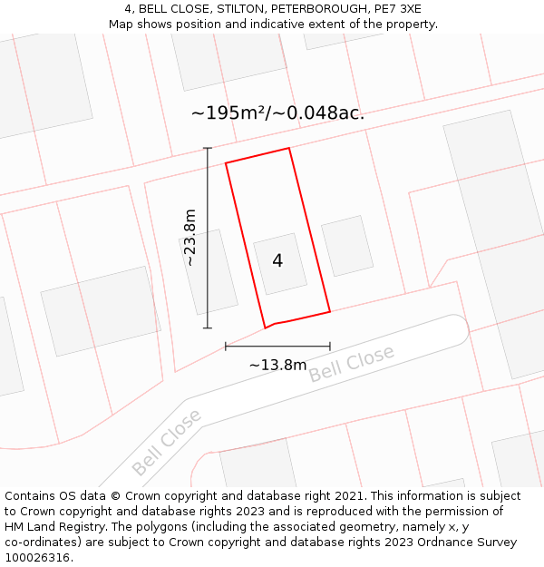 4, BELL CLOSE, STILTON, PETERBOROUGH, PE7 3XE: Plot and title map