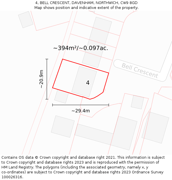 4, BELL CRESCENT, DAVENHAM, NORTHWICH, CW9 8GD: Plot and title map