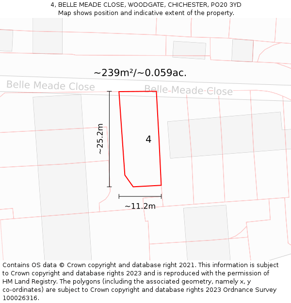 4, BELLE MEADE CLOSE, WOODGATE, CHICHESTER, PO20 3YD: Plot and title map