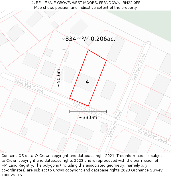 4, BELLE VUE GROVE, WEST MOORS, FERNDOWN, BH22 0EF: Plot and title map