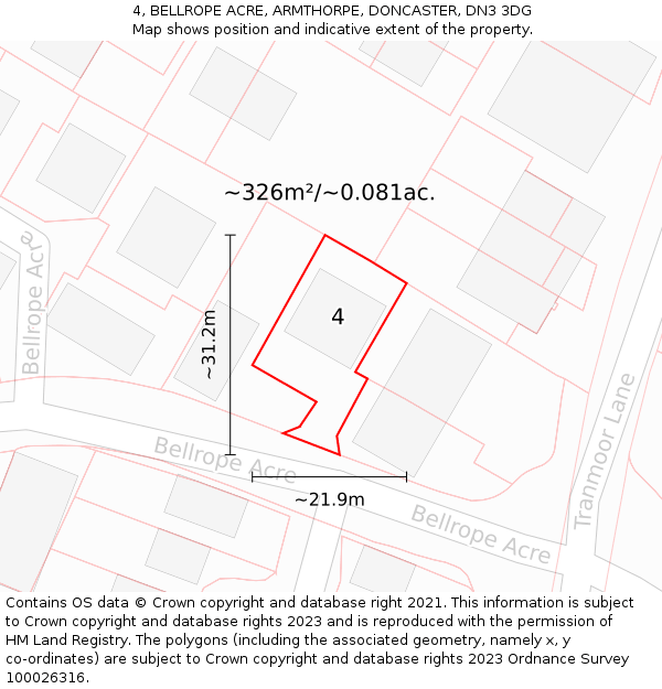 4, BELLROPE ACRE, ARMTHORPE, DONCASTER, DN3 3DG: Plot and title map