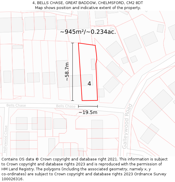 4, BELLS CHASE, GREAT BADDOW, CHELMSFORD, CM2 8DT: Plot and title map